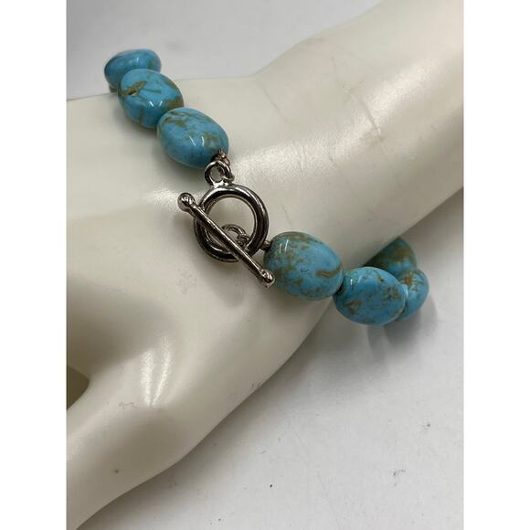 Blue Turquoise Beaded 925 Sterling Silver Toggle Closure Bracelet Sz 8.5” - Picture 4 of 8